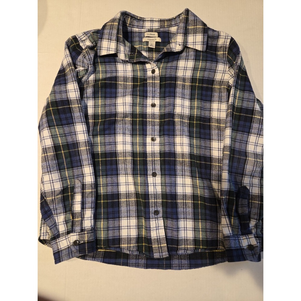 LL Bean L Womens Flannel Blue Green White Plaid Button Up Shirt Relaxed Fit